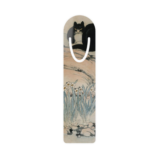 Chinese Qing Dynasty Art | Metal Bookmark | Black Cat x Narcissus