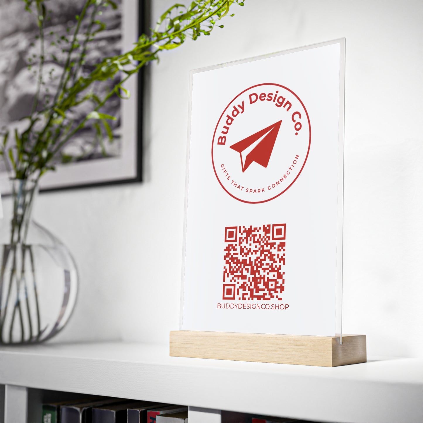Personalized Acrylic Branding Sign with Wooden Stand | Custom Design | Logo & QR Code |
