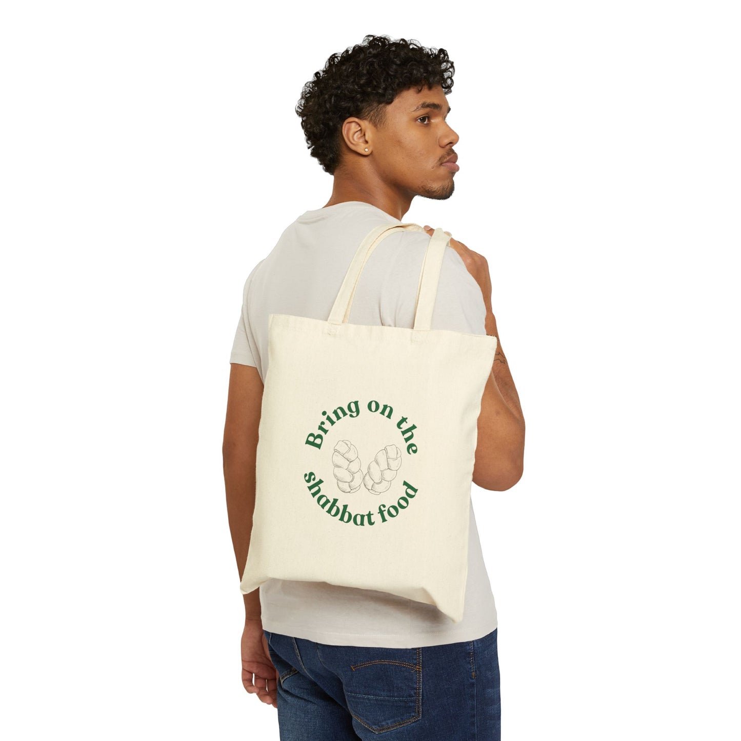 Cotton Canvas Tote Bag, Jewish "Bring on the Shabbat Food" ,Torah Bible Judaica Hebrew Gift Challah Print