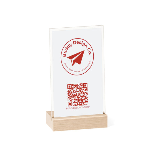 Personalized Acrylic Branding Sign with Wooden Stand | Custom Design | Logo & QR Code |