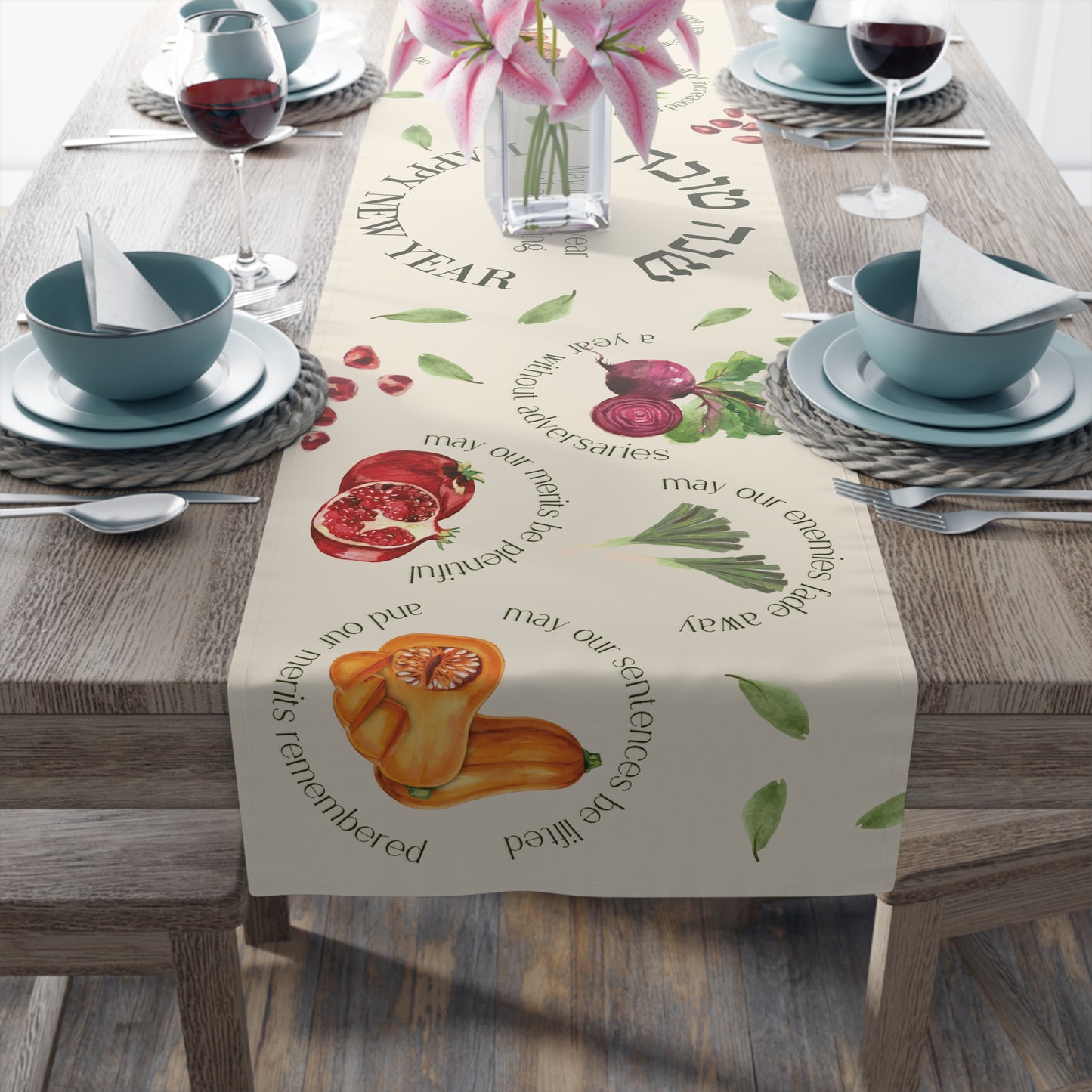 Table Runner -Cream Background- Rosh Hashana Jewish Blessings Hebrew Gift, Jewish Holidays, Jewish Friend Gift, Cotton/Poly, Home Decor, Dining Room Decor,