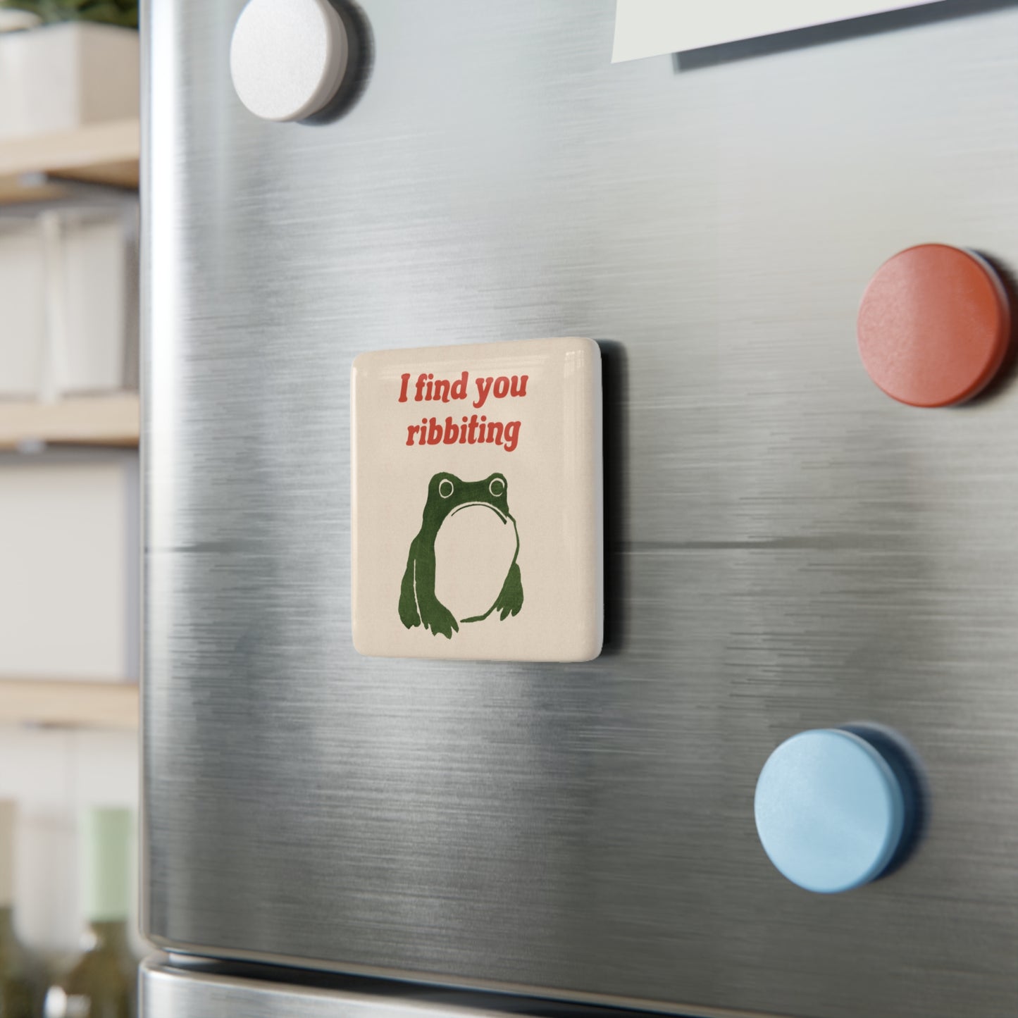 I Find You Ribbiting Matsumoto Hoji frog Porcelain Square Magnet | (Red, Green)