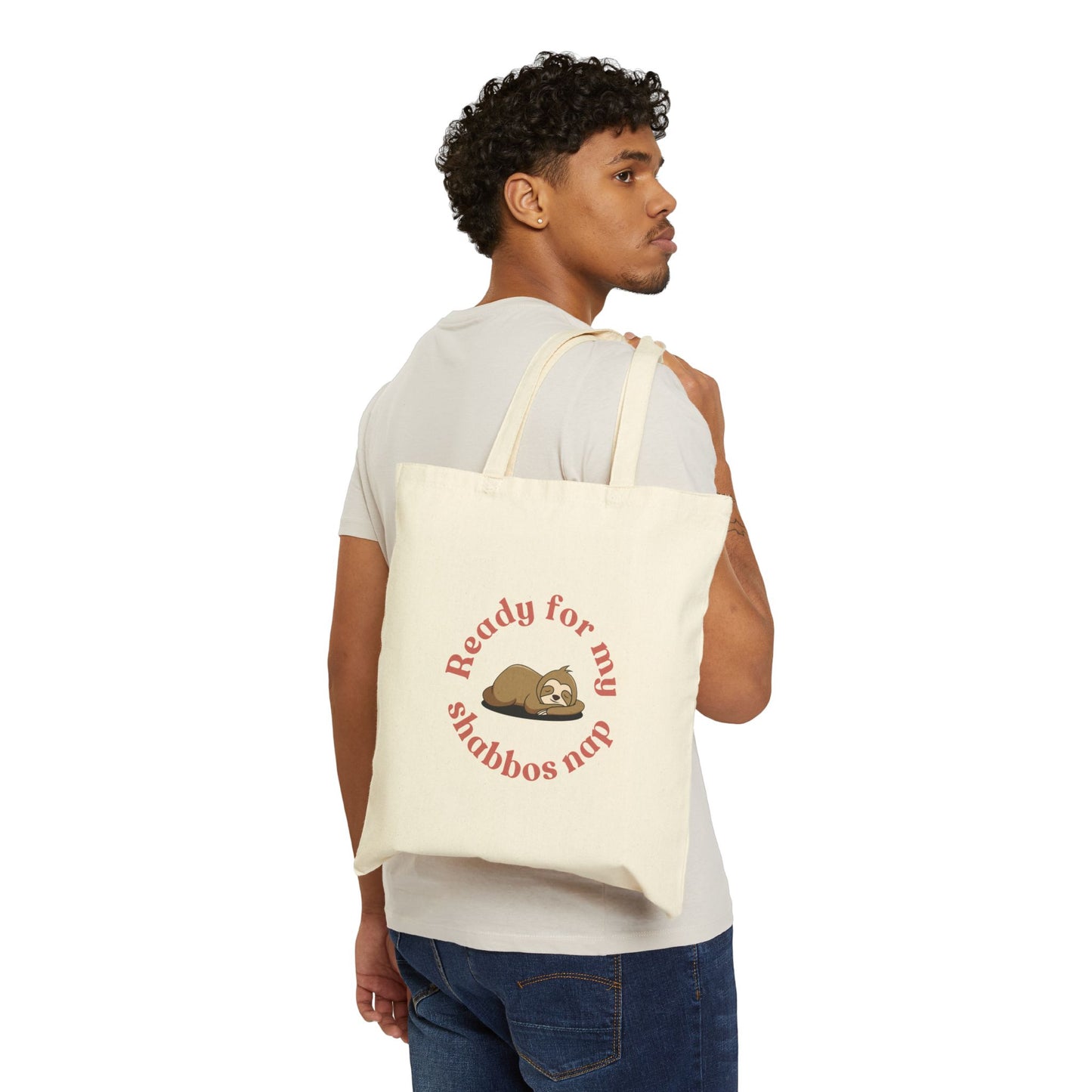 Cotton Canvas Tote Bag, Jewish "Ready for my shabboss nap" sloth print, Torah Bible Judaica Hebrew Gift Colorful Flowers, Rosh Hashanah Gift