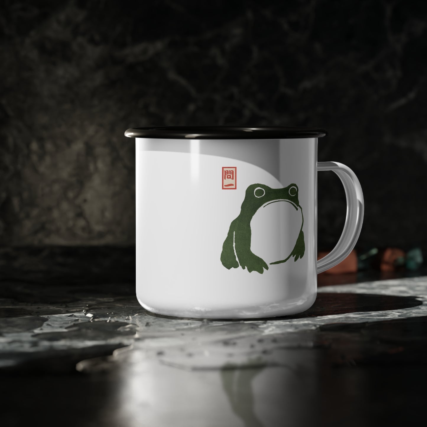 Unimpressed Frog Enamel Camp Mug - Grumpy Frog Cup- Japanese Aesthetic Wabi Sabi Matsumoto Hoji, 12 oz Adventure Cup, Vintage Mug