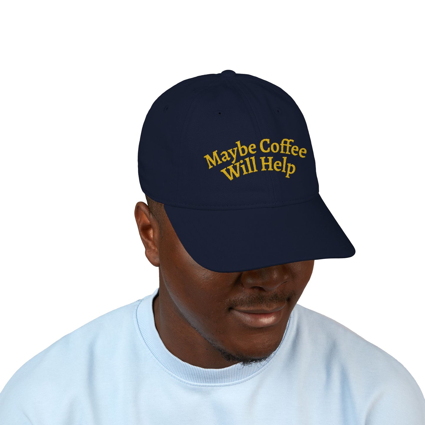 "Maybe Coffee Will Help" Embroidered Organic Baseball Cap | Yellow on Dark Versions