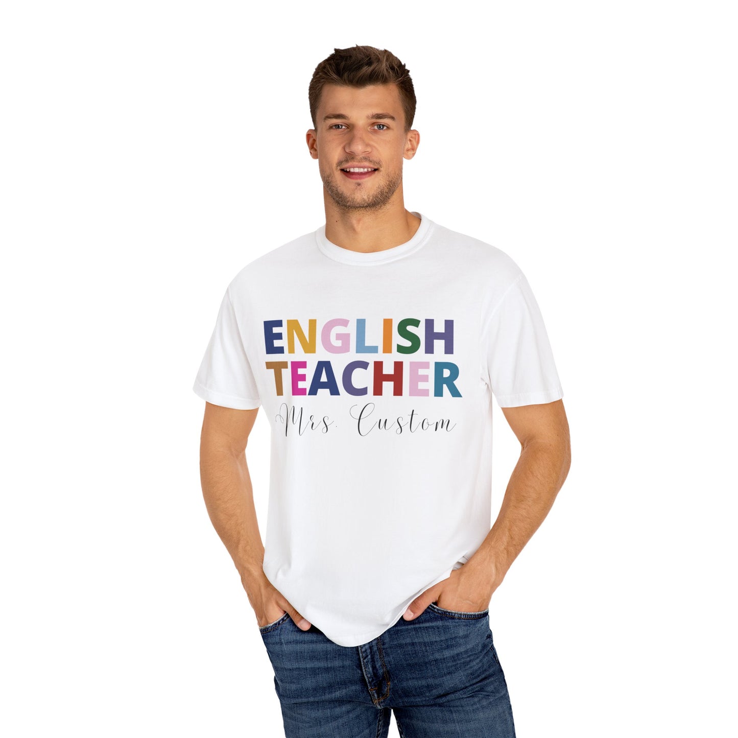 Rainbow English Teacher Custom Name Tee, Personalized Christmas Gift Literature Teacher, Gift from student