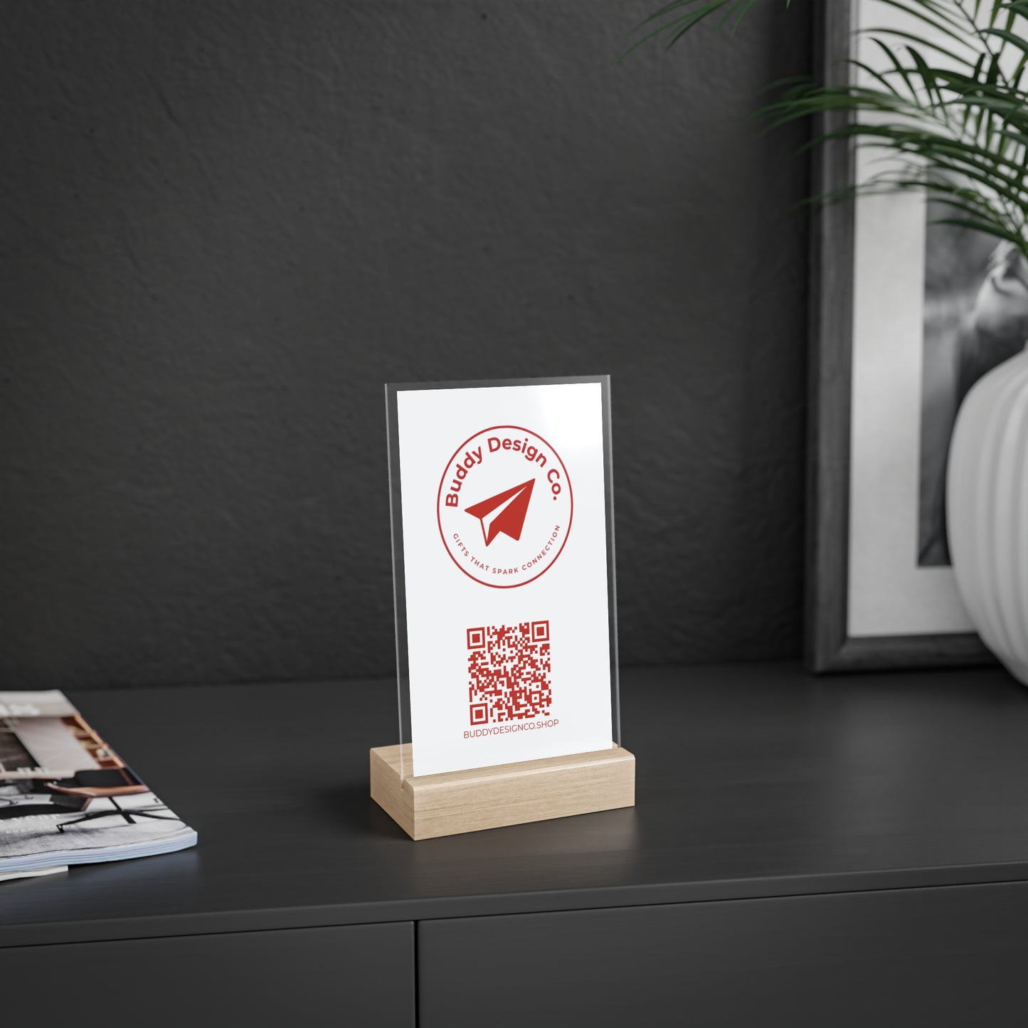 Personalized Acrylic Branding Sign with Wooden Stand |  Custom Design  | Logo & QR Code |