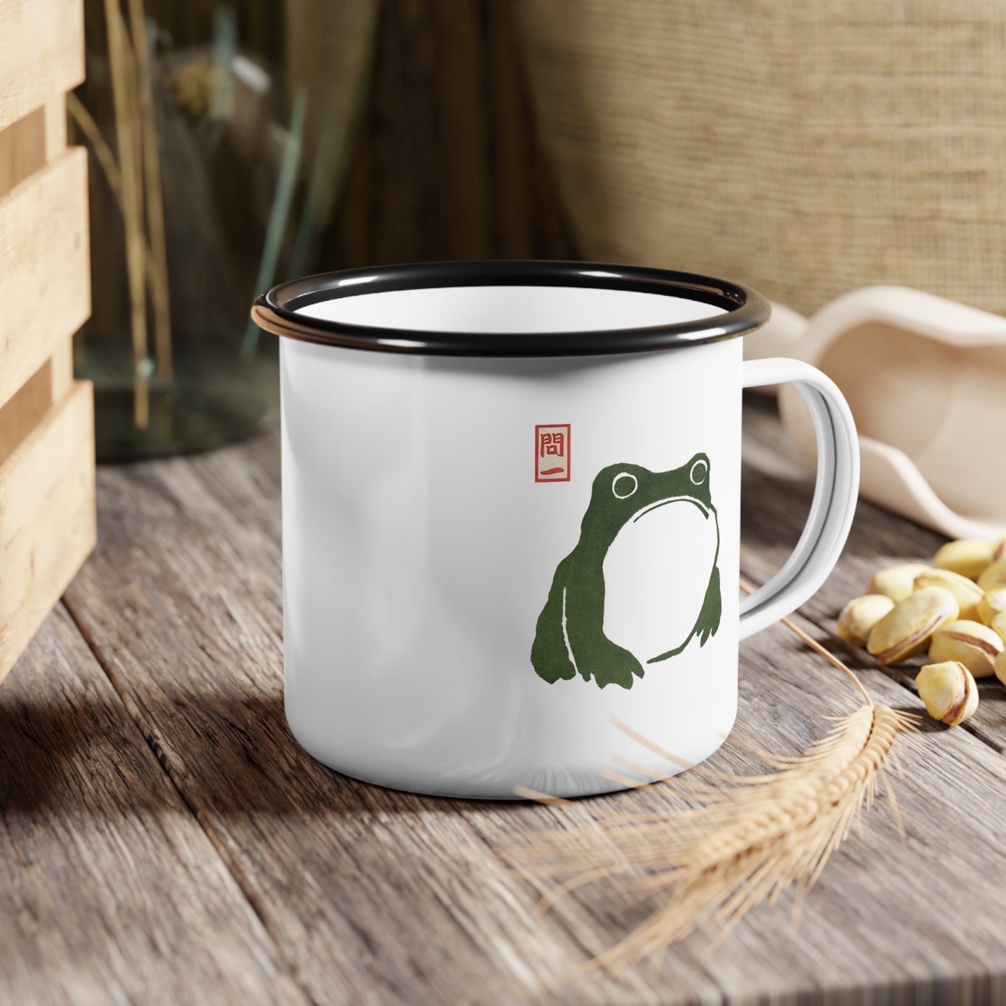 Unimpressed Frog Enamel Camp Mug - Grumpy Frog Cup- Japanese Aesthetic Wabi Sabi Matsumoto Hoji, 12 oz Adventure Cup, Vintage Mug