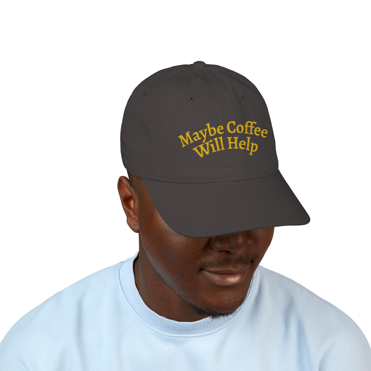 "Maybe Coffee Will Help" Embroidered Organic Baseball Cap | Yellow on Dark Versions