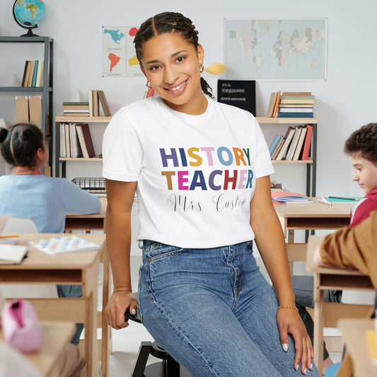 Custom Name Rainbow Text History Teacher Tee, Personalized Christmas Gift, Social Studies Teacher from class, gift from student