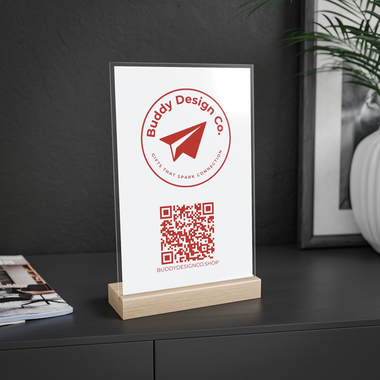 Personalized Acrylic Branding Sign with Wooden Stand |  Custom Design  | Logo & QR Code |