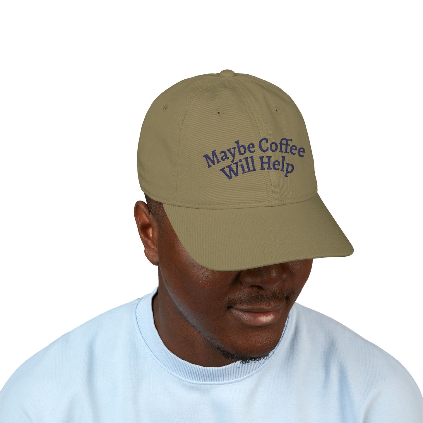 "Maybe Coffee Will Help" Embroidered Organic Baseball Cap | Navy Text