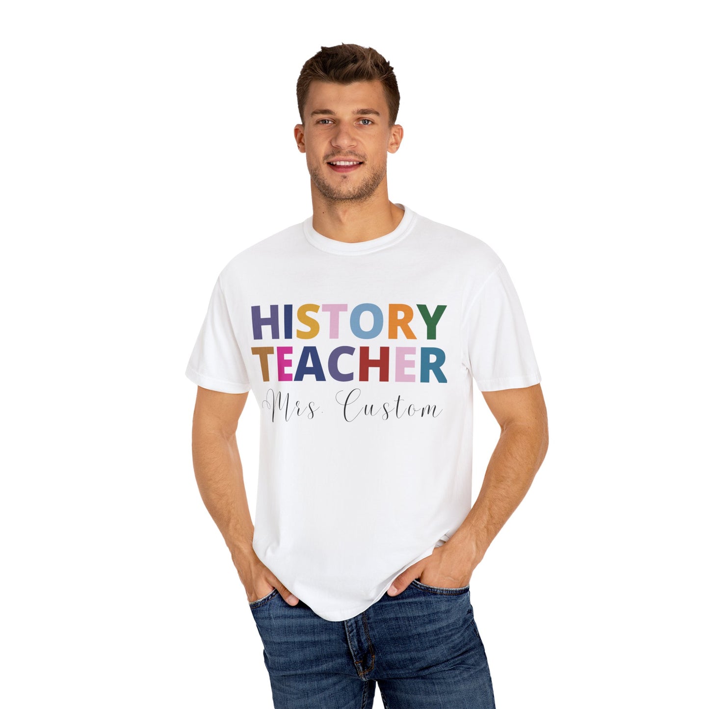 Custom Name Rainbow Text History Teacher Tee, Personalized Christmas Gift, Social Studies Teacher from class, gift from student