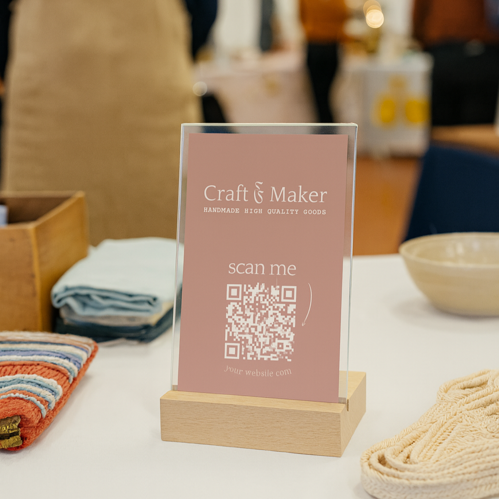 Personalized Acrylic Branding Sign with Wooden Stand |  Custom Design  | Logo & QR Code |