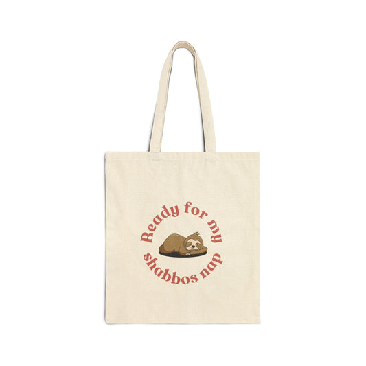 Cotton Canvas Tote Bag, Jewish "Ready for my shabboss nap" sloth print, Torah Bible Judaica Hebrew Gift Colorful Flowers, Rosh Hashanah Gift