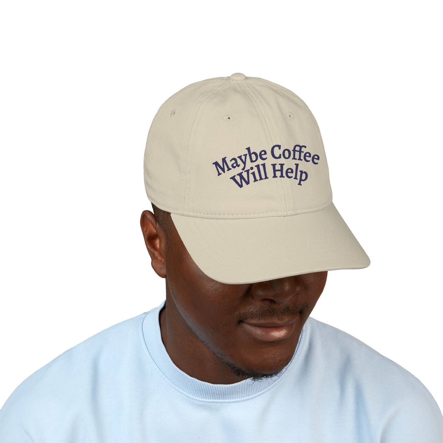 "Maybe Coffee Will Help" Embroidered Organic Baseball Cap | Navy Text