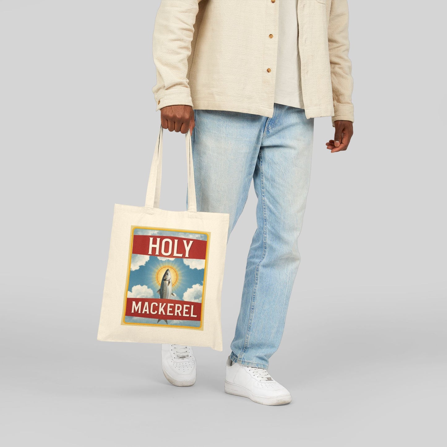 Holy Mackerel Cotton Canvas Tote Bag — Funny Pun Fishing Tote