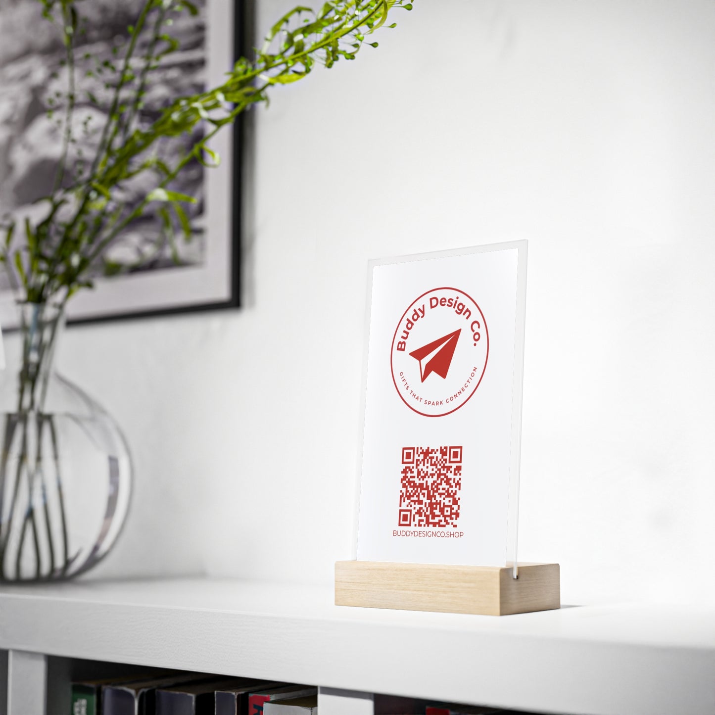 Personalized Acrylic Branding Sign with Wooden Stand |  Custom Design  | Logo & QR Code |