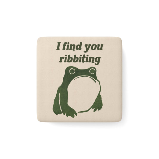I Find You Ribbiting matsumoto hoji frog Porcelain Square Magnet |Frog Pun Vintage Wabi Sabi|Japanese Frog |Valentines Day gift (Green)
