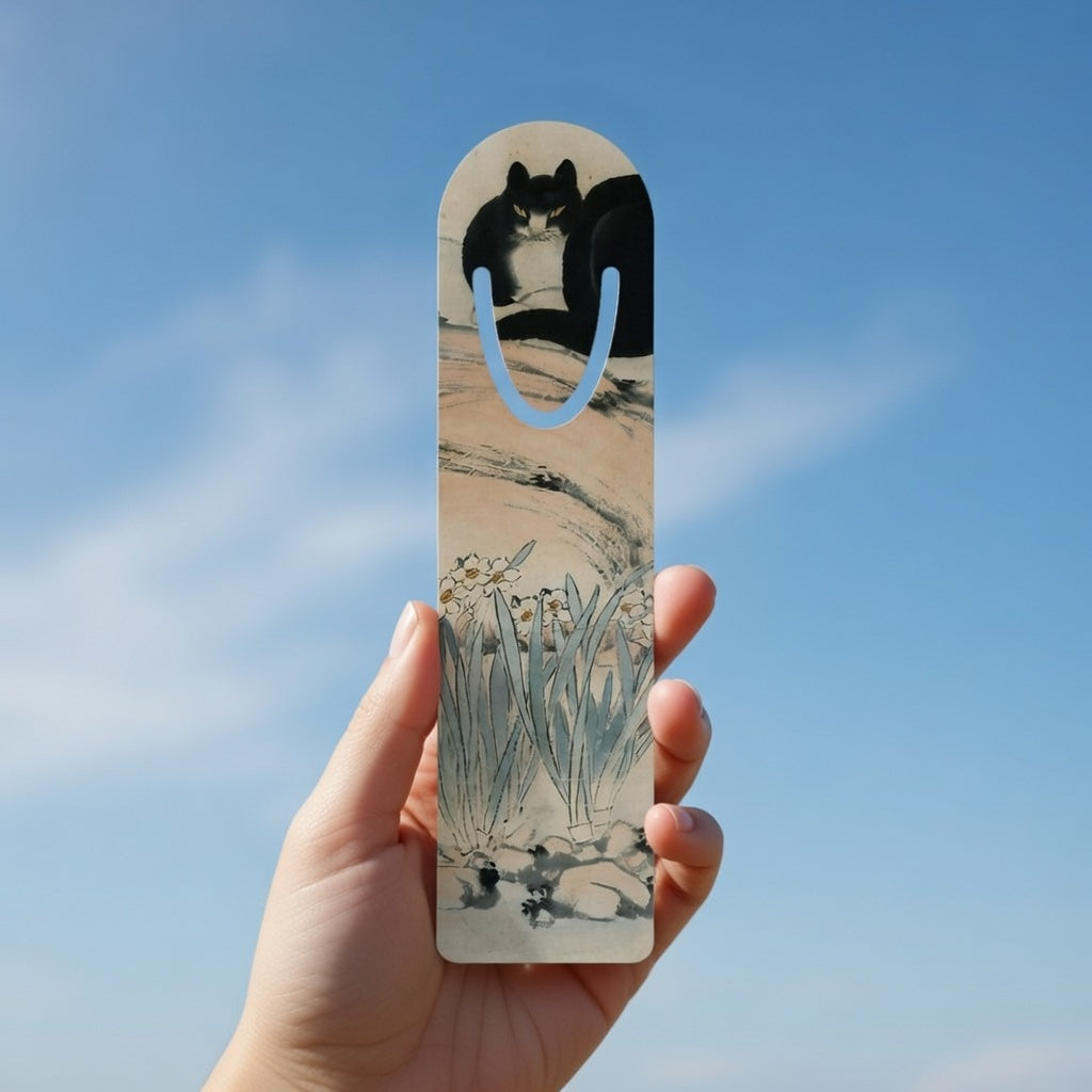 Chinese Qing Dynasty Art | Metal Bookmark | Black Cat x Narcissus