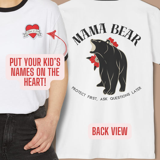 Custom Mama Bear Tee with children's name, Vintage Tattoo Print on back Shirt, Mother's Day Gift, Mama Bear Shirt, Tattoo mom Gift, Rock Mom